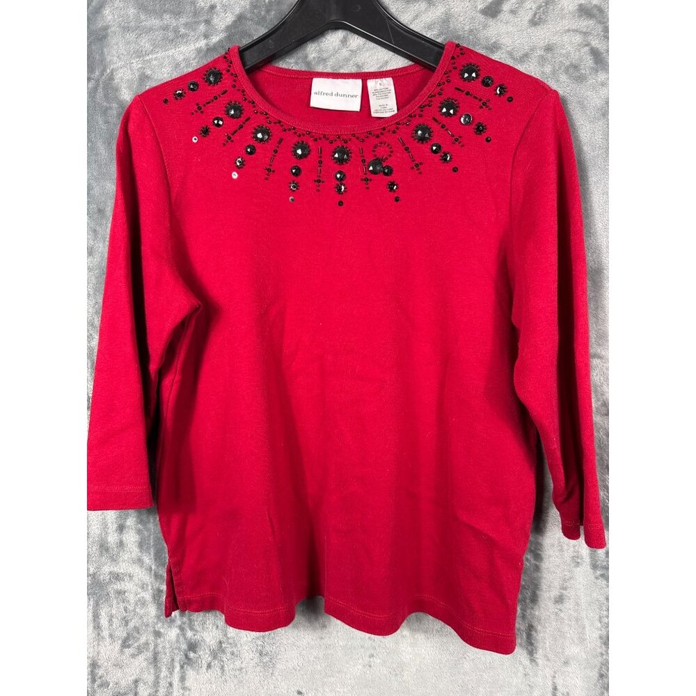 Alfred Dunner Red Embellished 3/4 Sleeve Cotton & Polyester Womens Top S